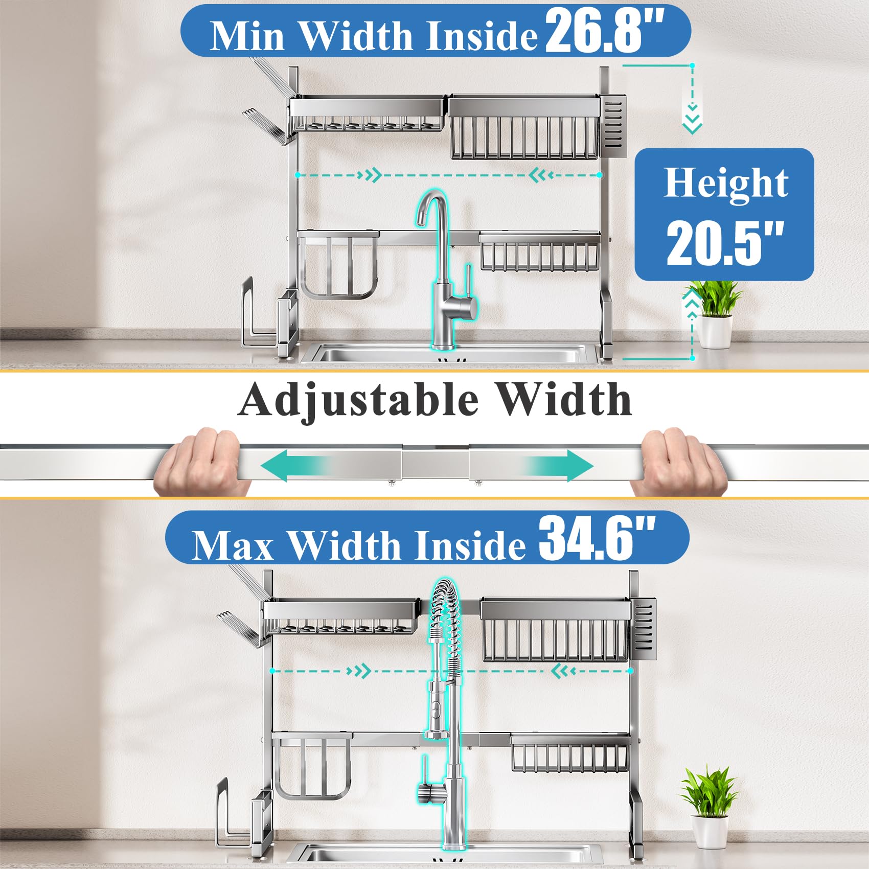 Over The Sink Dish Drying Rack, Stainless Steel Adjustable (26.8'' To 34.6'') Large Dish Drainer Drying Rack For Kitchen Counter